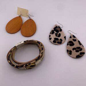 Boho Leopard & Wood Teardrop Jewelry Set - Earrings & Bracelet